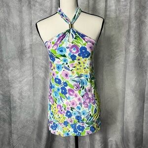 Express Floral Tie Neck Open Back Halter Ruched Side Stretch Colorful